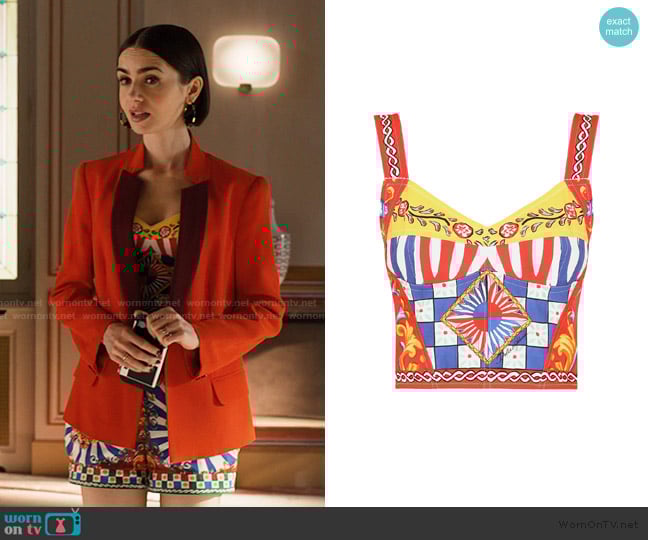 Dolce & Gabbana Carretto-print bustier top worn by Emily Cooper (Lily Collins) on Emily in Paris