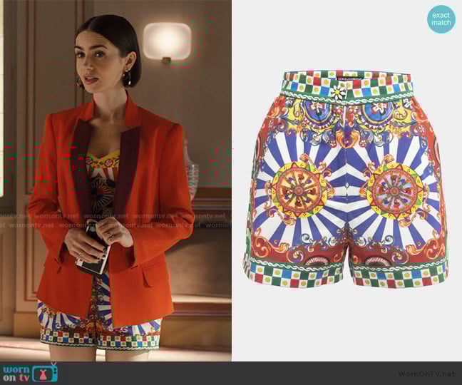 Dolce & Gabbana Multicolor Carreto Print Cotton Shorts worn by Emily Cooper (Lily Collins) on Emily in Paris