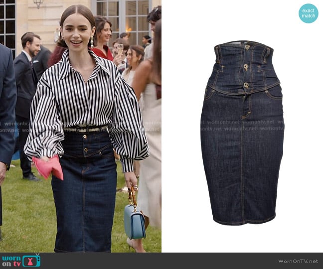 Dolce & Gabbana Vintage High Waisted Denim Pencil Skirt worn by Emily Cooper (Lily Collins) on Emily in Paris