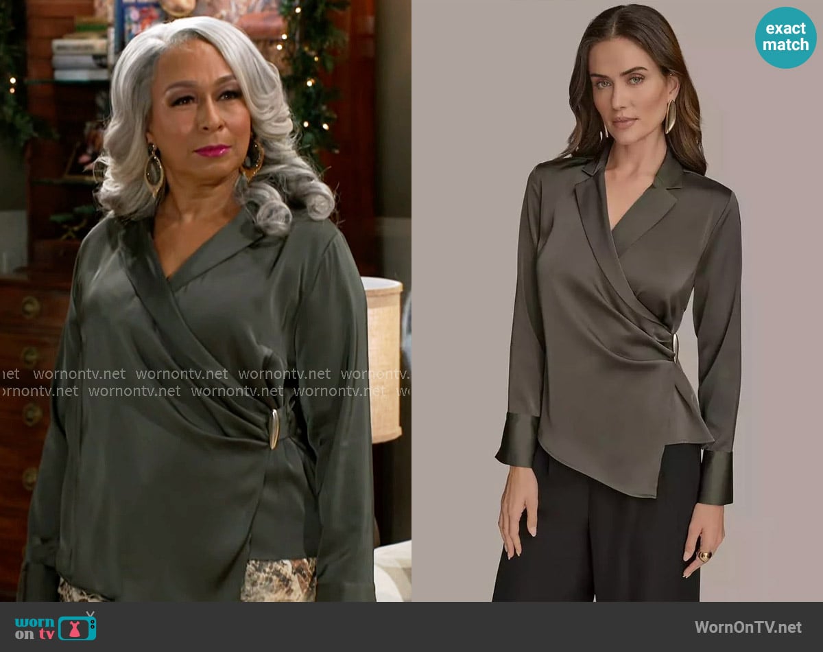 Donna Karan Long-Sleeve Collared Blouse worn by Anita Dupree (Tamara Tunie) on Beyond the Gates