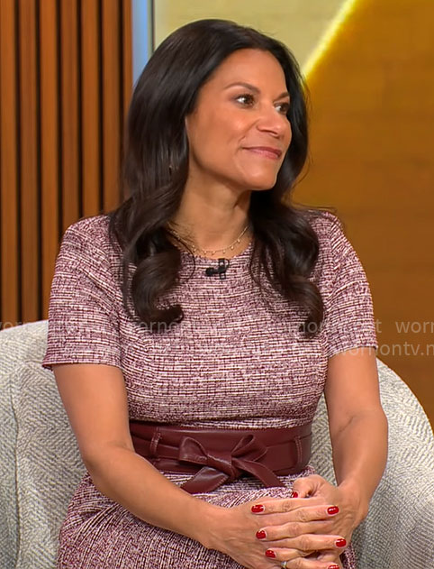 Dr Sheryl Gonzalez Ziegler's burgundy short sleeve tweed dress on CBS Mornings