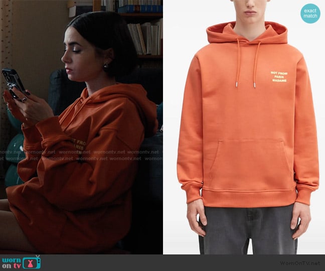 Drole De Monsieur Nfpm Hooded Cotton Sweatshirt Rust worn by Emily Cooper (Lily Collins) on Emily in Paris