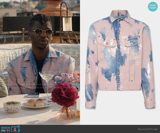 Julien’s pink and blue denim jacket on Emily in Paris