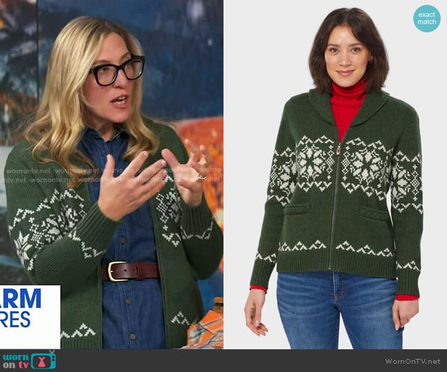 Duluth Trading Woolpaca Zip-Front Jacquard Cardigan worn by Stephanie Pugliese on Good Morning America