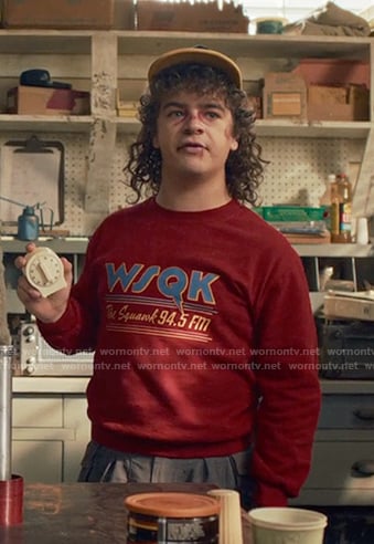 Dustin’s red WSQK print sweatshirt on Stranger Things