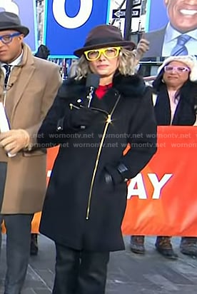 Dylan's black fur collar zip coat on Today