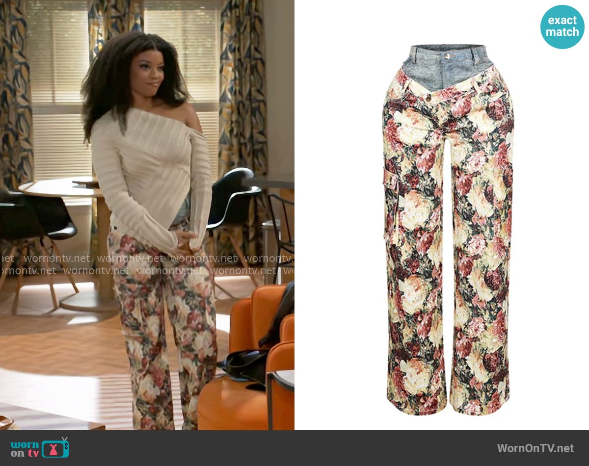 Edge Shaka Denim Floral Contrast Top & Pants Set worn by Eva Thomas (Ambyr Michelle) on Beyond the Gates