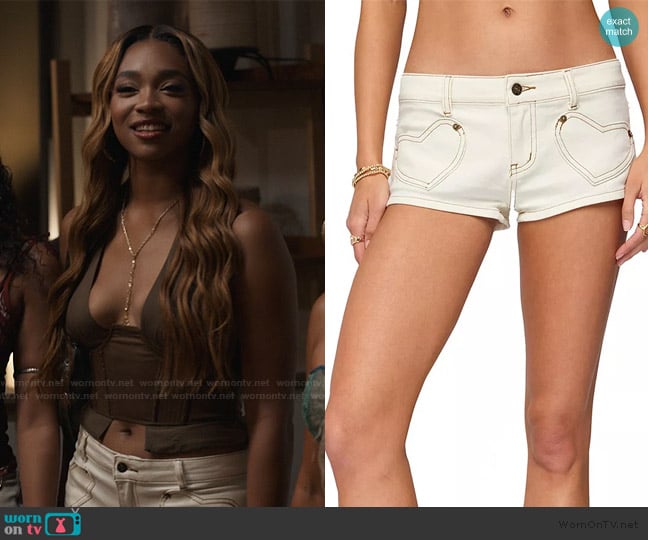Edikted Hearts Low Rise Micro Denim Shorts worn by Lisa (Simone Joy Jones) on Bel-Air