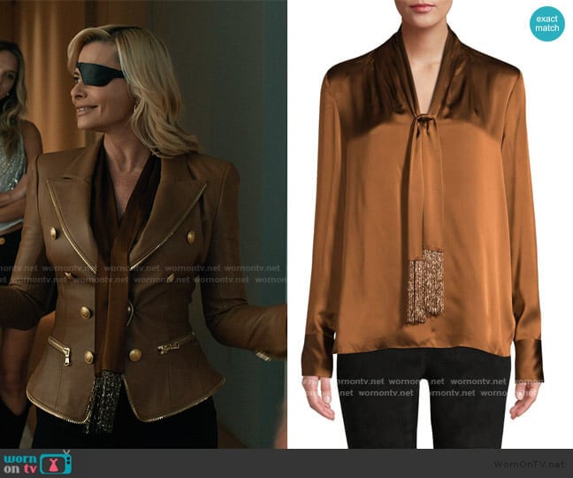 Elie Tahari Kendal Beaded Tie-Neck Silk Blouse worn by Tiff ( Jaime Pressly) on Elsbeth
