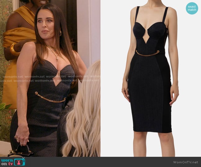 Elisabetta Franchi Embroidered Sheath Dress worn by Kyle Richards on The Real Housewives of Beverly Hills