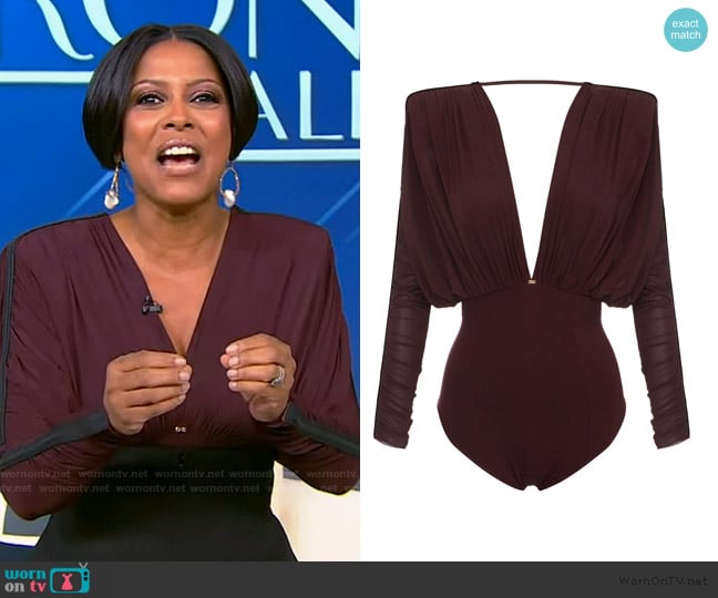 Tamron’s burgundy bodysuit on Tamron Hall Show