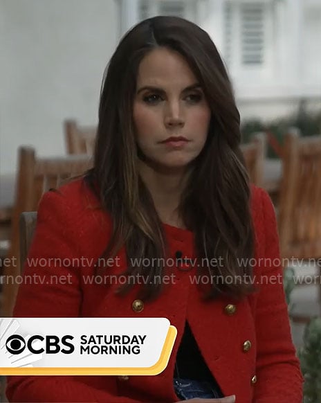 Elizabeth Cook's red jacket with gold buttons on CBS Mornings