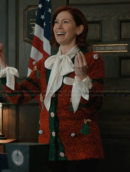 Elsbeth's red Christmas cardigan on Elsbeth