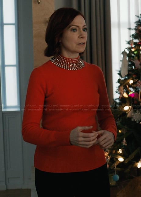 Elsbeth's red rhinestone embellished sweater on Elsbeth