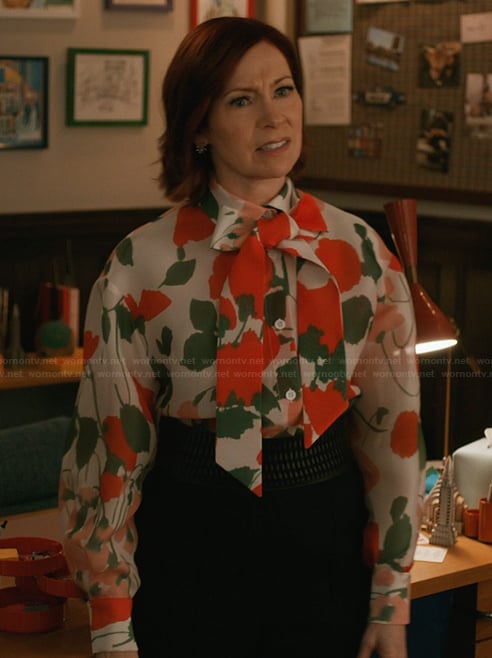 Elsbeth's rose print tie neck blouse on Elsbeth