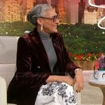 Carla Hall’s burgundy velvet blazer and floral pants on Sherri