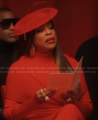 Emerald’s red ribbed dress on Alls Fair