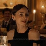 Emiliy’s black cold shoulder dress on Emily in Paris