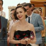 Emily’s black floral print dress on Emily in Paris