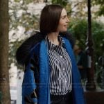 Emily’s blue floral embroidered coat on Emily in Paris