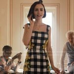 Emily’s check and floral embroidered dress on Emily in Paris