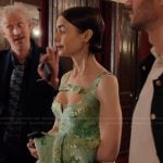 Emily’s green floral metallic dress on Emily in Paris