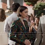 Emily’s floral jacquard blazer and pant suit on Emily in Paris