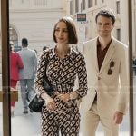 Emily’s geometric print jumpsuit on Emily in Paris