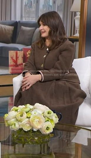 Emily Mortimer’s brown jacket and pleated skirt on Good Morning America