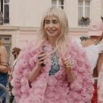 Emily’s pink ruffle coat and ruched dress on Emily in Paris