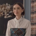 Emily’s pinstripe tie neck shirt and blue plaid mini dress on Emily in Paris