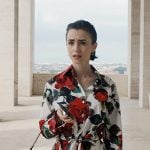 Emily's white rose print top and shorts on Emily in Paris