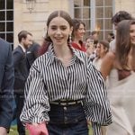 Emily’s striped balloon sleeve blouse and denim skirt on Emily in Paris