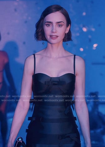 Emily's black bow detail dress on Emily in Paris