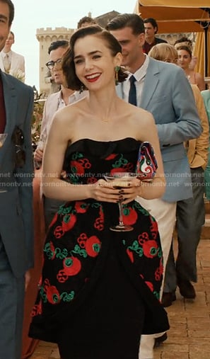 Emily's black floral print dress on Emily in Paris