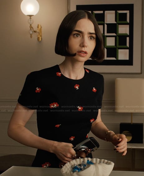 Emily's black floral print sheath dress on Emily in Paris