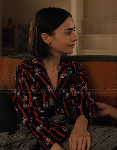 Emily's black paisley print pajamas on Emily in Paris