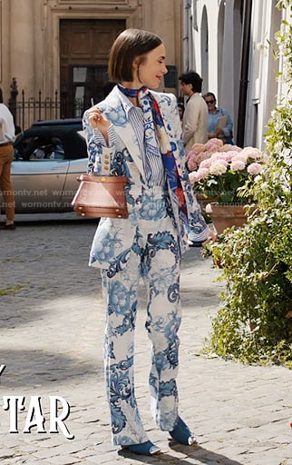Emily’s blue floral blazer and pants on Emily in Paris