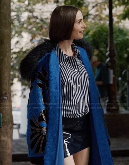 Emily's blue floral embroidered coat on Emily in Paris