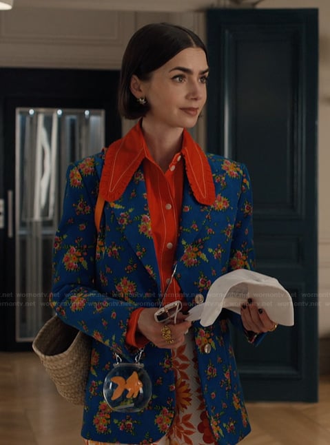 Emily's blue floral print blazer on Emily in Paris