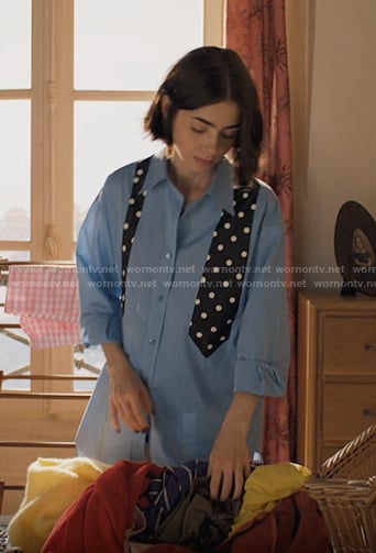 Emily's blue tie print shirt on Emily in Paris