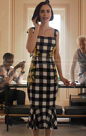Emily's check and floral embroidered dress on Emily in Paris