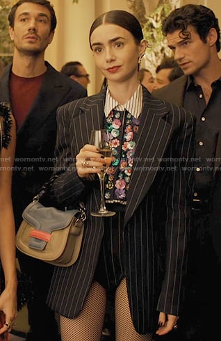 Emily's floral embellished shirt on Emily in Paris