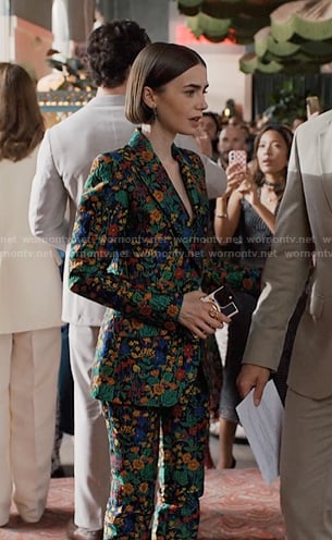 Emily's floral jacquard blazer and pant suit on Emily in Paris