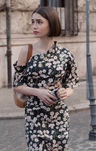 Emily's floral print asymmetric neckline dress on Emily in Paris
