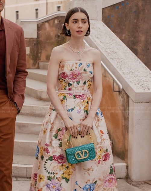 Emily's floral print strapless flare dress on Emily in Paris