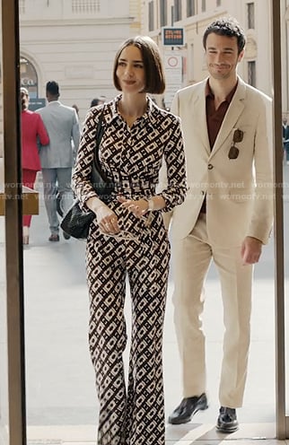 Emily’s geometric print jumpsuit on Emily in Paris