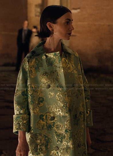 Emily's green floral metallic coat on Emily in Paris