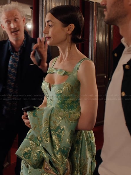 Emily's green floral metallic dress on Emily in Paris