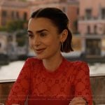 Emily’s red mesh top and leggings on Emily in Paris